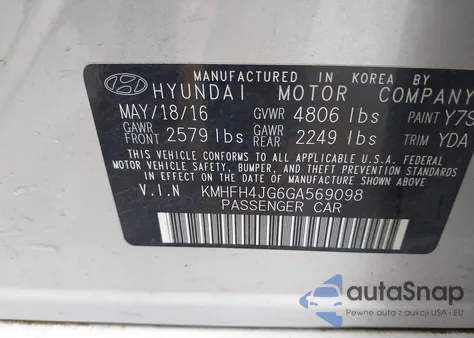 2016 Hyundai Azera Limited from USA, damaged, VIN KMHFH4JG6GA569098